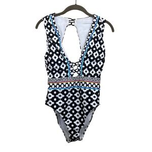 Trina Turk Onyx Ikat V plunge Criss Cross Lace Up swimsuit, playful, resort, mod